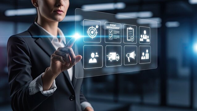 Businesswoman interacting with a holographic interface displaying project management icons