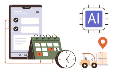 Smartphone and calendar for task planning, clock for time management, forklift for logistics, AI chip for automation, map marker for location, warehouse. Ideal for productivity, logistics