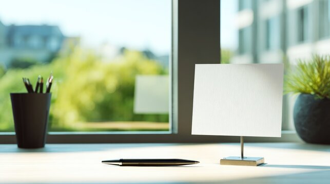 notecard. Minimalist office desk with a blank notecard and pen, bathed in soft morning light from the window. lifestyle magazines.