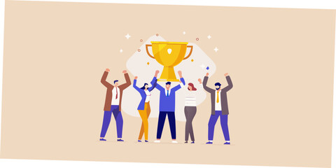 Team celebrating success with trophy business achievement and recognition illustration