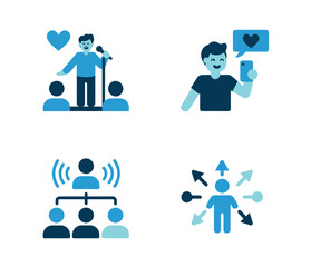 Icons representing communication, social media, networking, and personal branding.