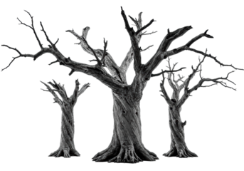 three ancient, gnarled dead trees in a stark, black and white, backlit studio medium shot, showcasing twisted roots and skeletal branches against a white infinity background. concept of monumental