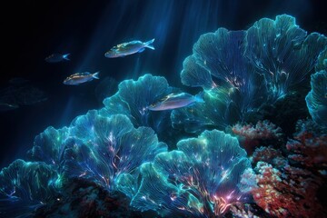 close up view of coral ecosystem illuminated by vibrant blue and pink light showing colorful fish moving through glowing textures representing digital nature and living technology fusion