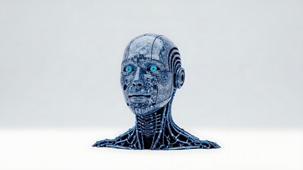 Realistic 3D rendering of a futuristic cyborg head with bright blue eyes and intricate mechanical details, symbolizing artificial intelligence and advanced technology
