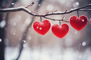 Naklejka premium Red hearts covered with snow are hanging from a snowy branch during a snowfall in a winter forest