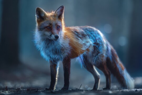 cybernetic fox illuminated by neon blue patterns in foggy woodland merging organic wildlife grace with technological aesthetics in atmospheric cinematic light
