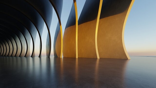Abstract curved architecture background, Empty exterior space with concrete floor, Futuristic modern building for car presentation backdrop, 3d rendering