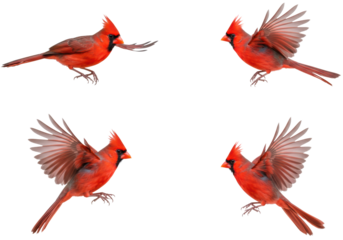 Four vibrant scarlet male northern cardinals in active flight, high-speed freeze-frame against a transparent backdrop with copy space, concept of perfection nature and microcosm