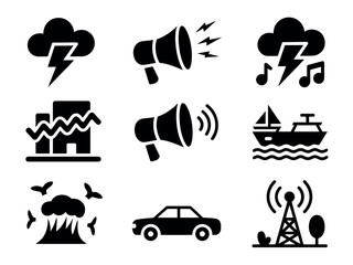 Icons representing various sources of sound and noise pollution.