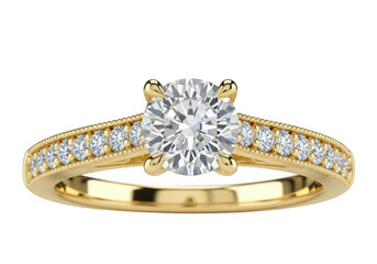 Gold diamond engagement ring isolated on transparent background for luxury jewelry, wedding, and romance themes