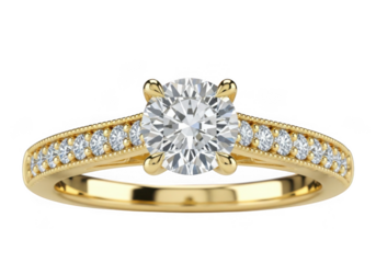 Gold diamond engagement ring isolated on transparent background for luxury jewelry, wedding, and romance themes