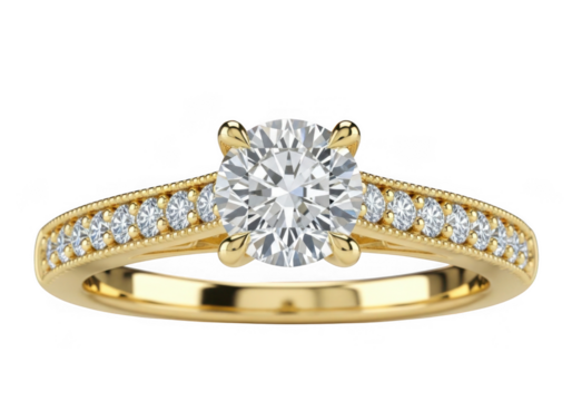 Gold diamond engagement ring isolated on transparent background for luxury jewelry, wedding, and romance themes