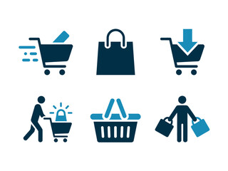A collection of six shopping-related icons on a white background.