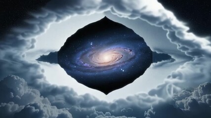 Mystical full moon revealing a spiral galaxy through a cloud window in the dark night sky for a cosmic wonder concept and universal mystery - Powered by Adobe