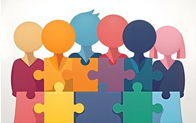 Colorful puzzle pieces form diverse group of people. Concept of teamwork, business structure. Visualizes company departments, teams. Illustrates hiring new employees. Emphasizes cooperation,