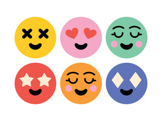 A collection of six colorful circular emoji faces with different expressions.