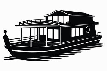 houseboat black and white silhouette on white background