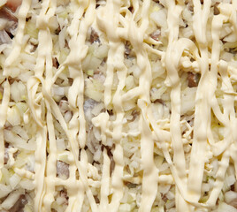 A white sauce is drizzled over a dish