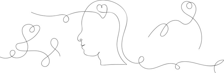 Continuous one line drawing of head with heart inside. Single line drawing of human head with heart symbol inside. A minimalist continuous line art illustration depicting a human head with a heart