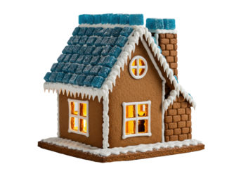 Extreme close-up of a gingerbread house with blue candy tiles, thick white icing, warm window light, sharp cat silhouette, studio food photography, white background. Concept of meticulous holiday