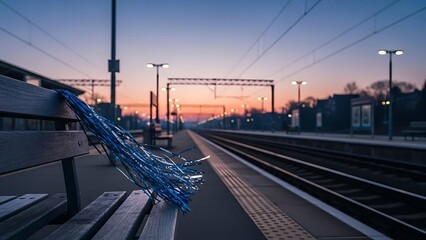 Serene train station platform with twilight skies and blue ribbons on a bench suggesting a celebration