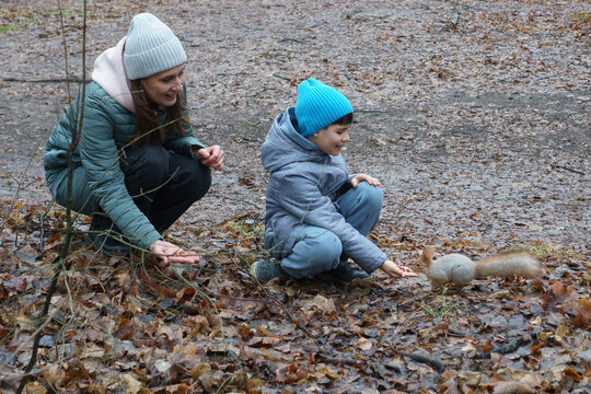 Mother and son feeding a wild squirrel in an autumn park