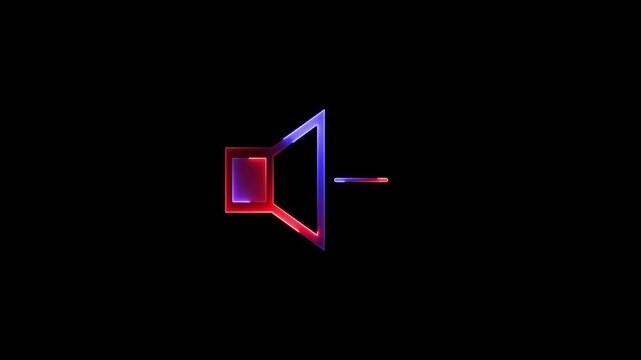 Sound decrease icon, speaker volume icon with minus control isolated on black background. Glowing sound decrease icon visuals for Websites Apps and Digital Projects.