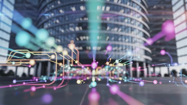 Modern office building interior with digital network visualization overlay representing business connectivity and data exchange. Corporate architecture space with abstract technology concept