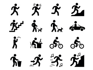 A collection of pictograms depicts various human activities and actions.