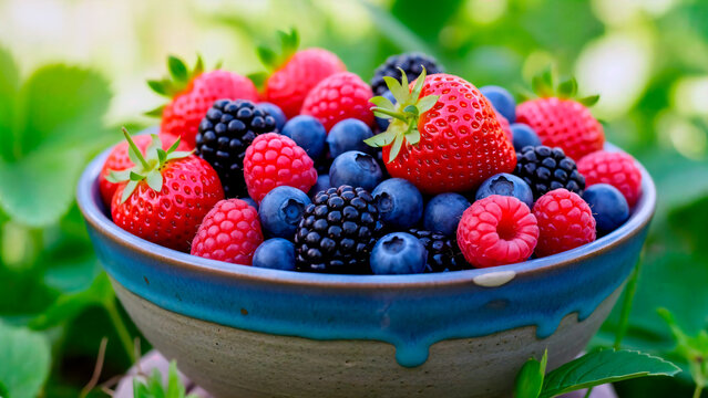 Fresh wild berries in a ceramic bowl on a green background, bright strawberries, raspberries, blueberries and blackberries, natural healthy breakfast, summer, close-up