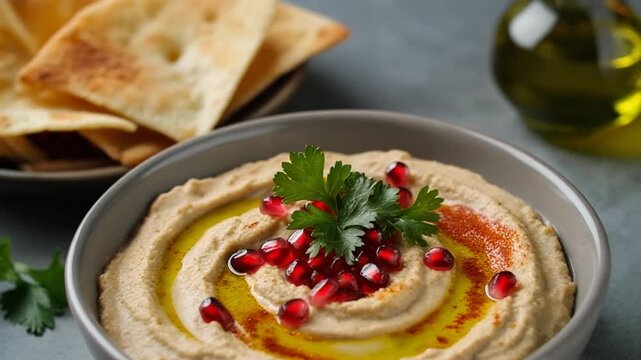 A creamy bowl of homemade hummus, a healthy Middle Eastern appetizer dip, garnished with pomegranate and olive oil