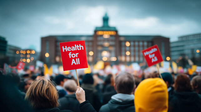 Group of people gathered with red signs stating health for all, showing solidarity for healthcare equity. Dull grey sky setting provides a serious atmosphere