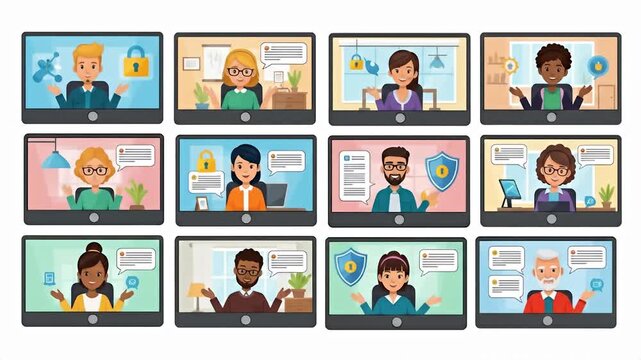 Diverse group of people in a video conference call, online meeting, or virtual classroom setting.
