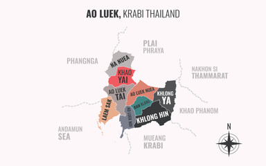 Naklejka premium Map showing Ao Luek District Krabi Thailand divided into sub-districts with minimalist colorful patterns