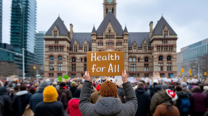 Group of demonstrators holding signs advocating health for all in front of a historic city hall. Overcast sky adds weight to the moment. Concept of activism, public health, community engagement