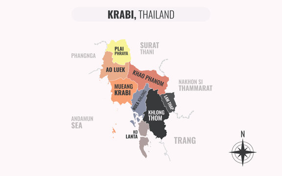 A map showing Krabi Thailand divided into districts in a minimalist colorful style