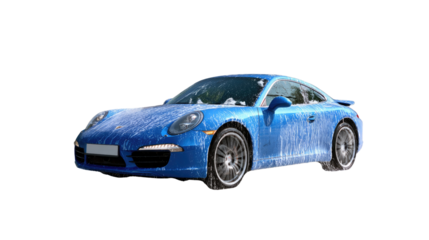 Luxury Car with Water: A sleek, blue luxury car glistening with water, evoking a sense of pristine cleanliness and refined design. This image focuses on the car's elegance and appeal.