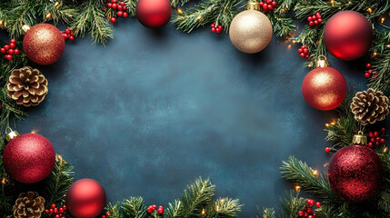 Festive holiday decorations with Christmas ornaments and pine branches on a dark blue background