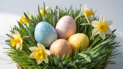 Pastel easter eggs nestled in fresh green grass with blooming daffodils