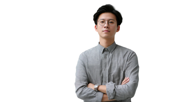 Confident Young Man Portrait: A focused young man, his gaze steady, presents an image of confidence and composure. With a smart look, it embodies a professional and assured demeanor.