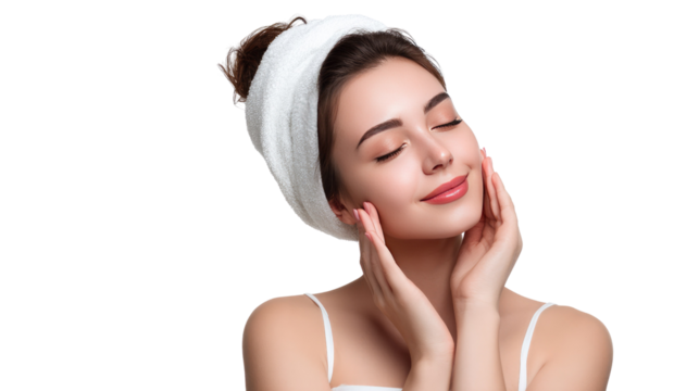 Serene Radiance: A tranquil woman, eyes gently closed, savors a moment of self-care. Wrapped in a soft towel, she touches her face, a picture of inner peace and cosmetic indulgence. 