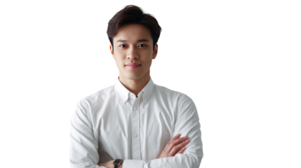 Confident Male Portrait: A close-up shot of a poised and self-assured man in a crisp white shirt, gazing confidently at the camera. conveying a sense of serenity and elegance.