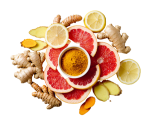 Fresh ginger, turmeric, lemon, and grapefruit arranged on a white surface, showcasing vibrant colors and healthy ingredients for a wellness concept.