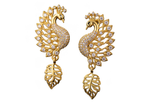 Exquisite gold peacock earrings with diamonds isolated on transparent background for luxury jewelry design, fashion, branding