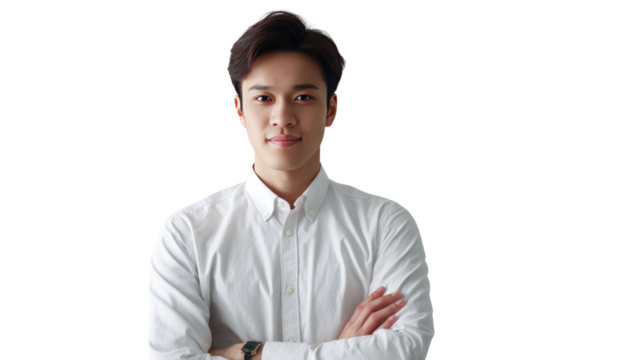 Confident Male Portrait: A close-up shot of a poised and self-assured man in a crisp white shirt, gazing confidently at the camera. conveying a sense of serenity and elegance.