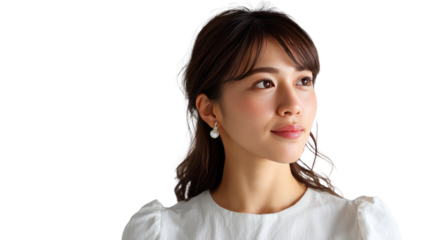 Serene Portrait: A portrait captures the natural beauty of a woman, radiating a sense of calm and gentle elegance. Her eyes gaze off into the distance, as if lost in thought, or dreaming.