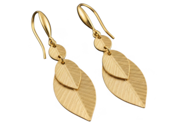 Elegant gold leaf dangle earrings isolated on transparent background for jewelry, fashion, and beauty branding