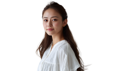 Serene Gaze: A captivating portrait of a woman with long, flowing hair and a gentle smile, exudes elegance and grace. A sense of peace and tranquility surrounds her.