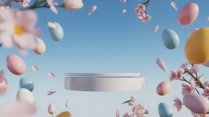 Easter egg and cherry blossom display with a pedestal against a blue sky