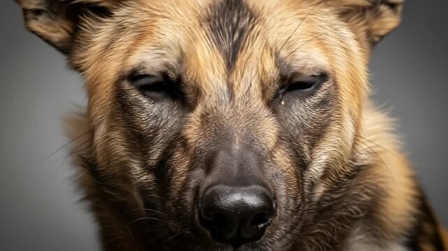 Close up portrait of an African wild dog with intense eyes and textured fur.